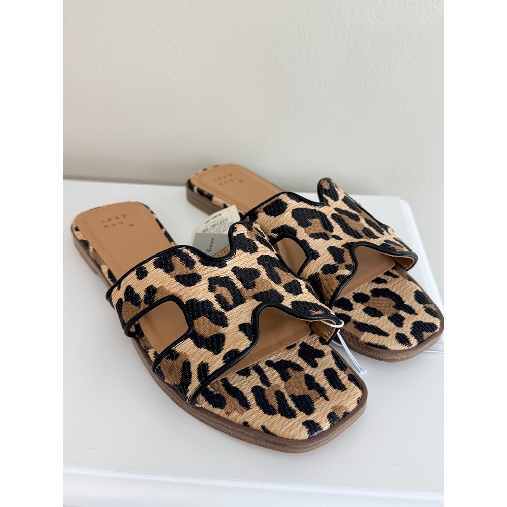 A New Day Slide Sandals Womens 8 Tan Leopard Print H-Band Square Toe NWT